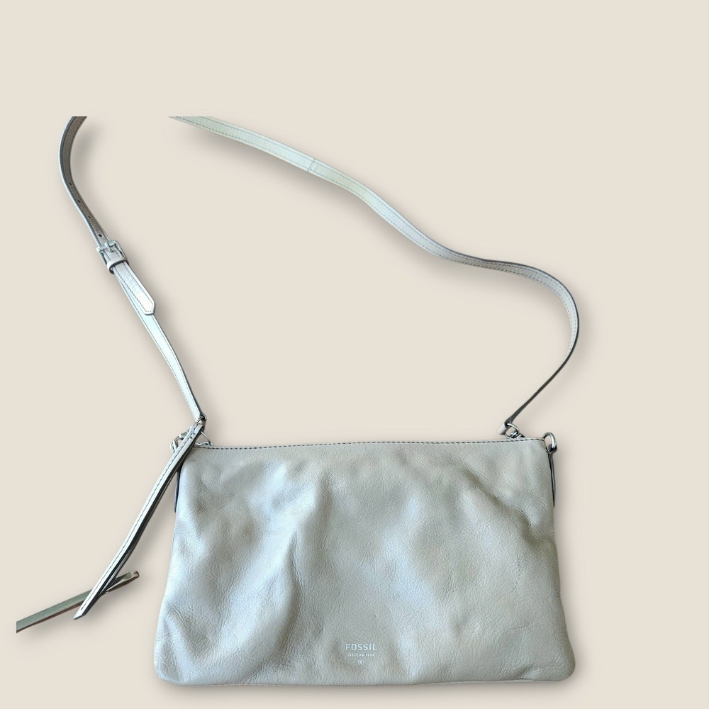 Fossil Taupe Leather Crossbody Bag Adjustable Strap Silver Hardware Minimalist